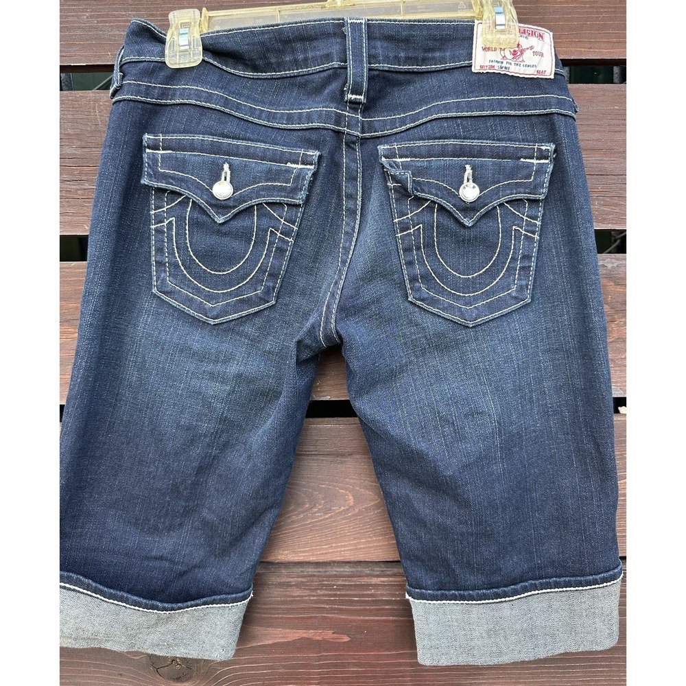Y2K True Religion Sophie Big T Shorts Dark Denim Bling Button Thick Stitch Sz 27